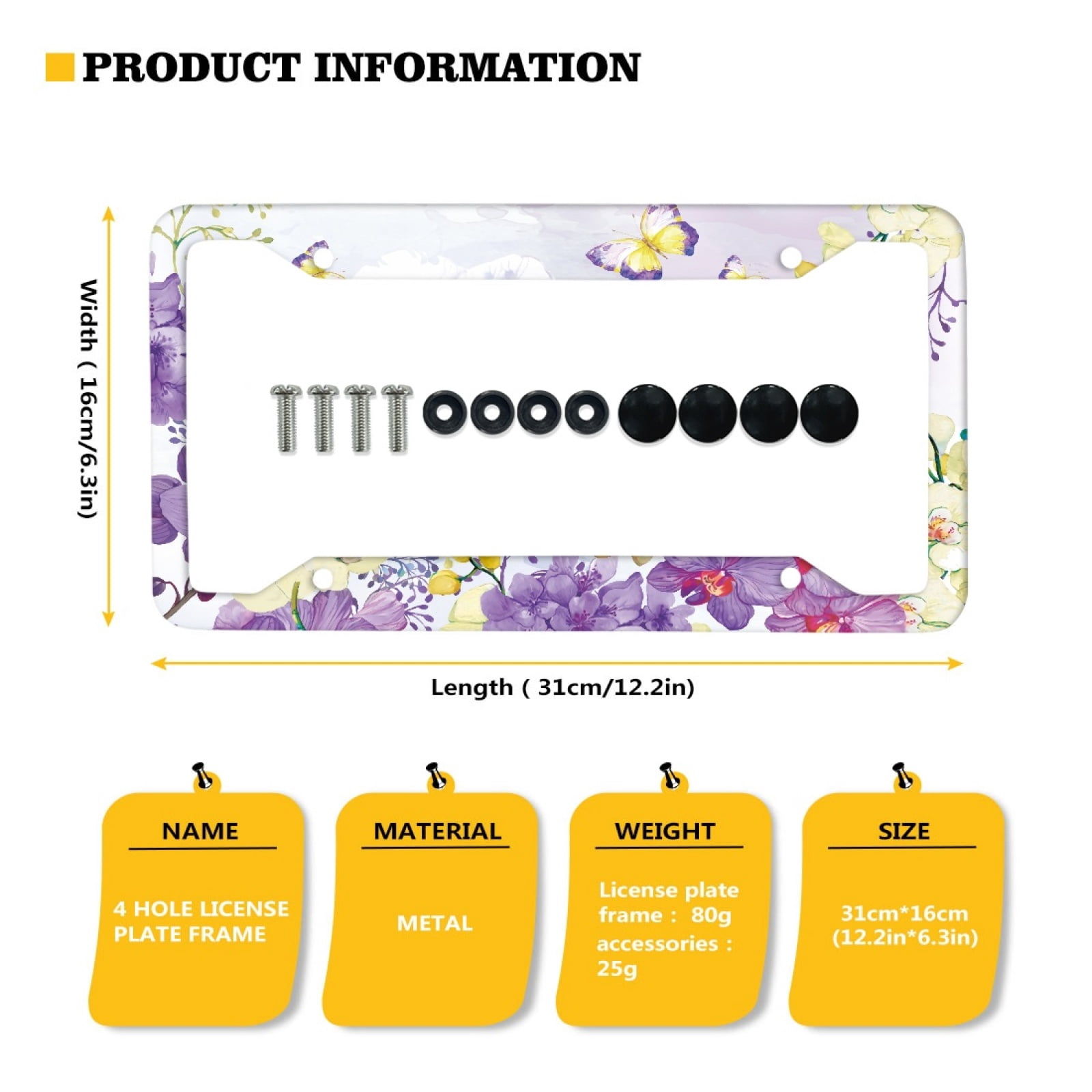 Renewold Butterfly Flower Violet Auto License Plates Frame for Car Sedans Truck Vans, Novelty Metal Automotive License Plate Frames Vanity Tag for Women Men, 2 Pieces