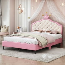 Full Size Lovely Crown Fantasy PU Leather Princess Bed with Tufted Headboard, Pink Cream