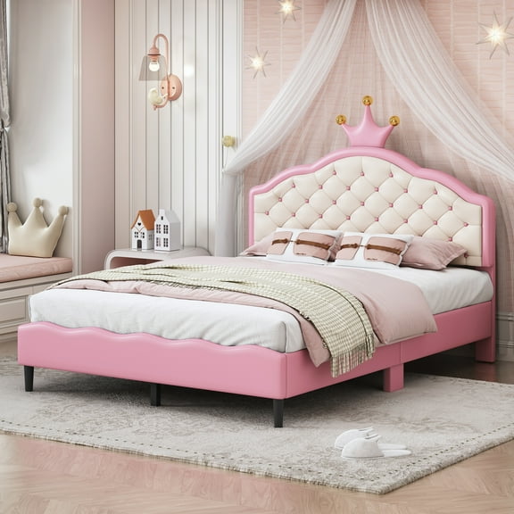 Full Size Lovely Crown Fantasy PU Leather Princess Bed with Tufted Headboard, Pink Cream