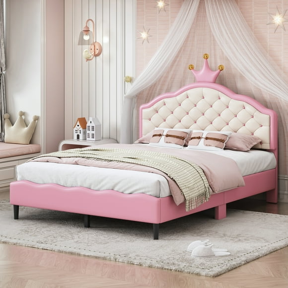 Bed Princess Style, Full Size Crown Tufted Headboard, PU Leather Upholstered Platform Bed, Cream Pink Bedroom Furniture, Cream Pink, Full