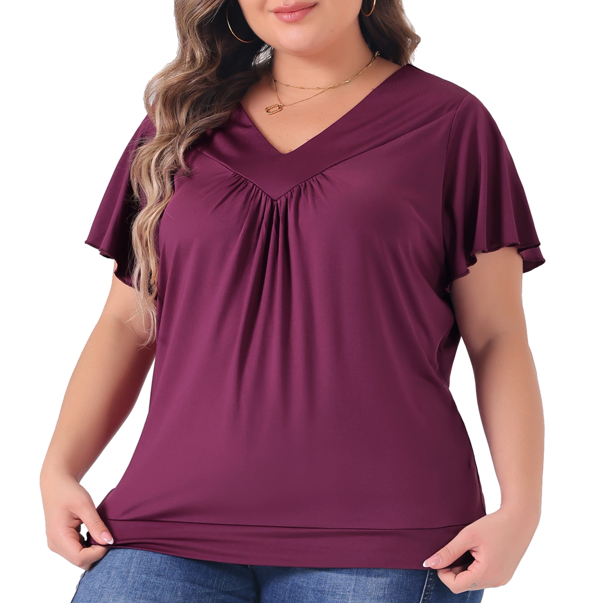DARING DIVA Women's Plus V Neck Ruffle T Shirt Tee Tops 4X Purple Red