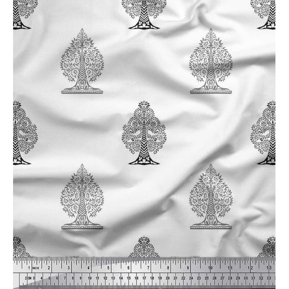 Soimoi Polyester Crepe Fabric Tree Block Print Fabric by Yard 42 Inch Wide