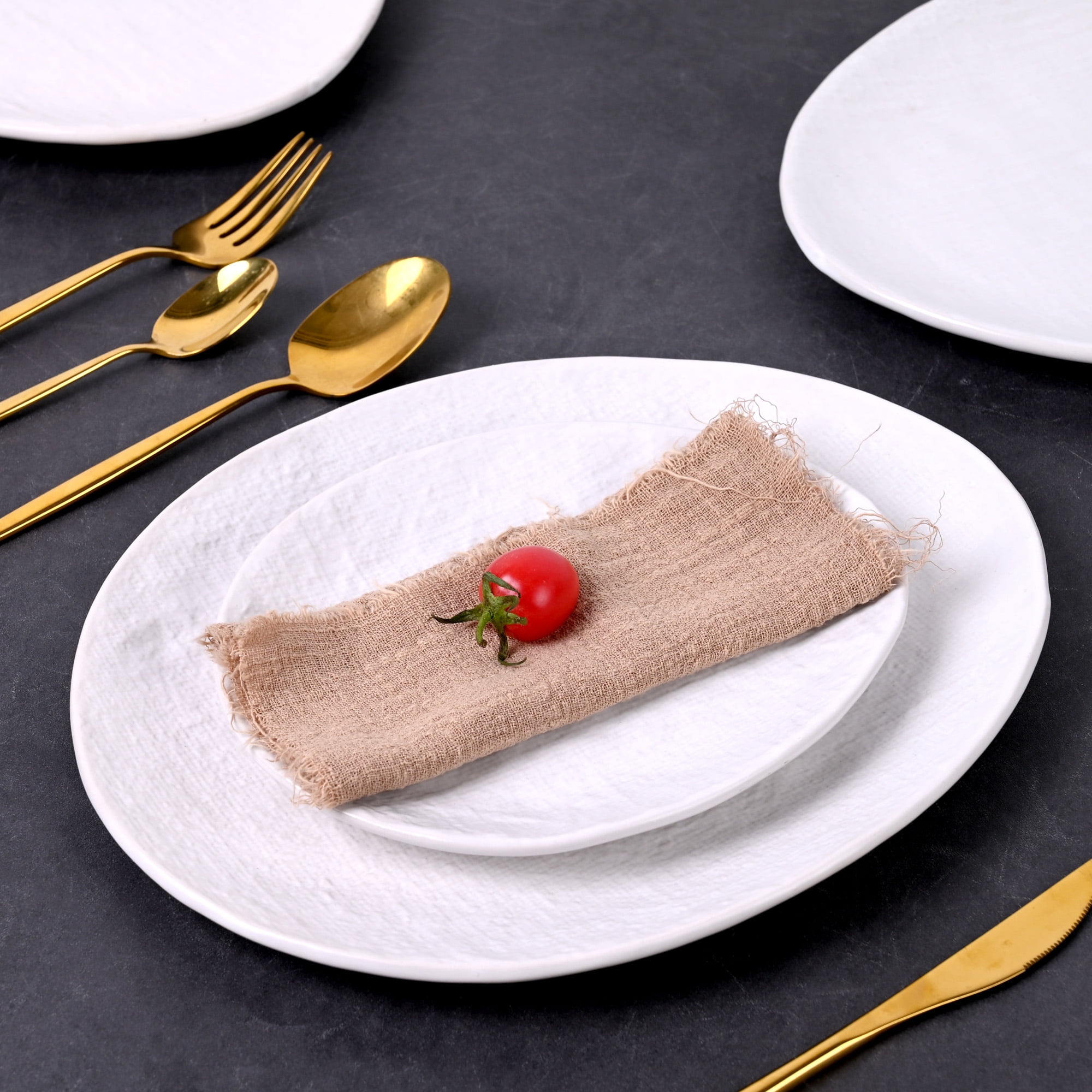 Linen Artisan Dinner Plate Set, 4 Pieces Dinnerware Dishes Set, Porcelain Salad Plates, Irregular 11 Inches Ceramic Plates Suitable for Steak, Pasta, Pizza, Home, Party, White, Large