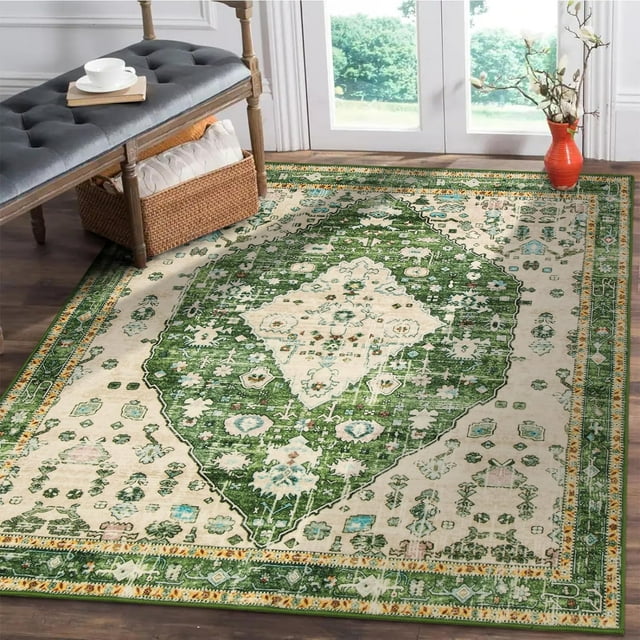 Lahome Boho Tribal Square 4x4 Area Rug, Green Washable Kitchen Rugs Soft Living Room Area Rug, Oriental Small Non Slip Non-Shedding Indoor Throw Floor Carpets for Bedroom Nursery Office