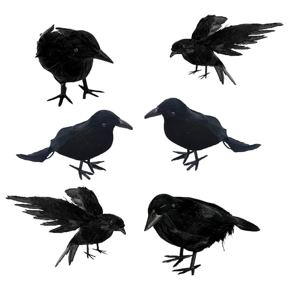 6PCS Halloween Crows,Realistic Black Feathered Ravens Birds for Party Indoor Outdoor Decorations