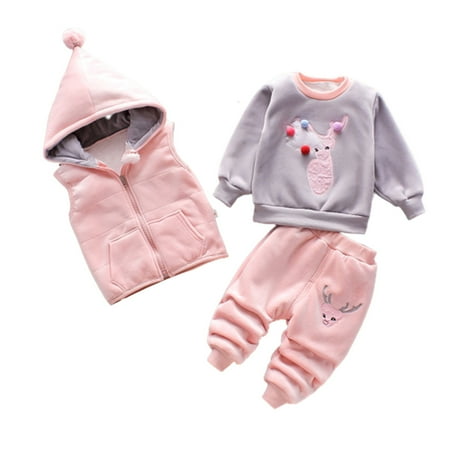 

Kid s Long Sleeve Clothing Set Cartoon Hoodie Vest Sweatshirt and Pants Thick Plush Lined Winter Outfit Set 3-Piece Toddler s Costume for Casual Spring Pink 80cm Fawn