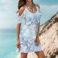 thumbnail image 1 of Robes Robe d'Été Robes d'Été pour Femmes Imprimé Manches Courtes Épaules Dénudées Col Rond Robe Bleu Clair L, 1 of 5