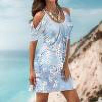 Robes Robe d'Été Robes d'Été pour Femmes Imprimé Manches Courtes Épaules Dénudées Col Rond Robe Bleu Clair L