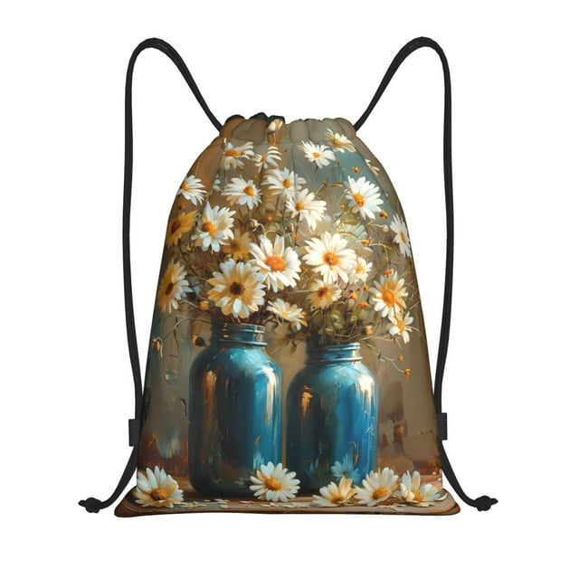Xecao Rustic Daisy Mason Jars Pattern Sports Drawstring Backpack - String Swim Gym Bag with Wet Proof Pocket for Women&Men-Small