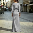 thumbnail image 6 of Womens Satin Formal Maxi Dress Batwing Sleeve Ruched Waist Side Slit Evening Gown with Pockets, Elegant Wedding Guest Dress for Party Banquet Prom Light Gray L, 6 of 6