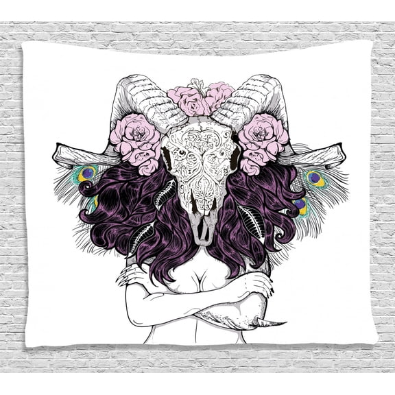 Skull Decorations Tapestry, Tribal Lady with Horned Goat Head and Peacock Feather Mystic Voodoo Pattern, Wall Hanging for Bedroom Living Room Dorm Decor, 60W X 40L Inches, Multi, by Ambesonne