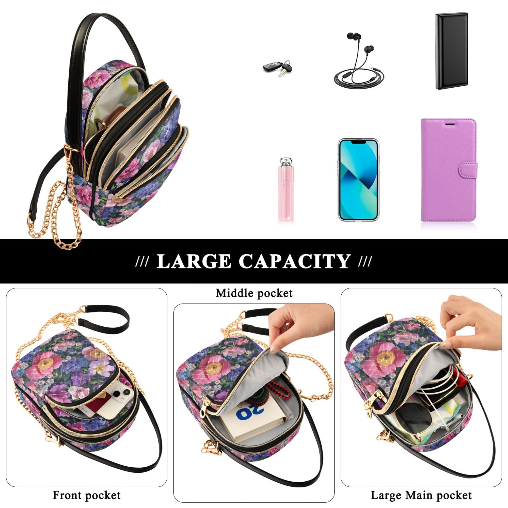 FORMRS Crossbody Bag for Women Quilted Travel Shoulder Cell Phone Purse with Chain Strap Handbag, Soft Pinks Flowers