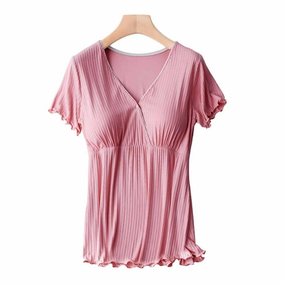 BRGZLK Nursing Tops for Maternity Summer Solid Color Round Neck Short Sleeve Soft Breathable Homewear Breastfeeding Pullover Top Watermelon Red XXL