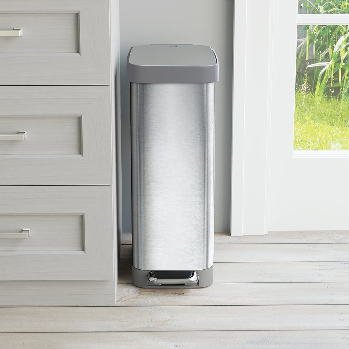 Glad Kitchen Trash Can, 12 Gallon Stainless Steel Slim Step Garbage Bin with Grey Lid, Silver