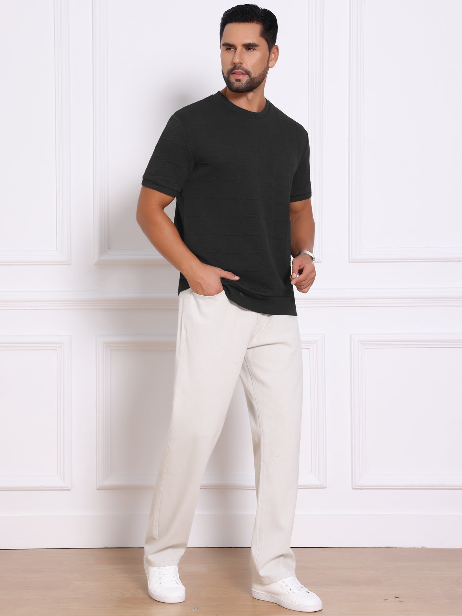 DARING DIVA Men's Jacquard Texture Crew Neck Short Sleeve Knitted T-Shirt 2XL Black