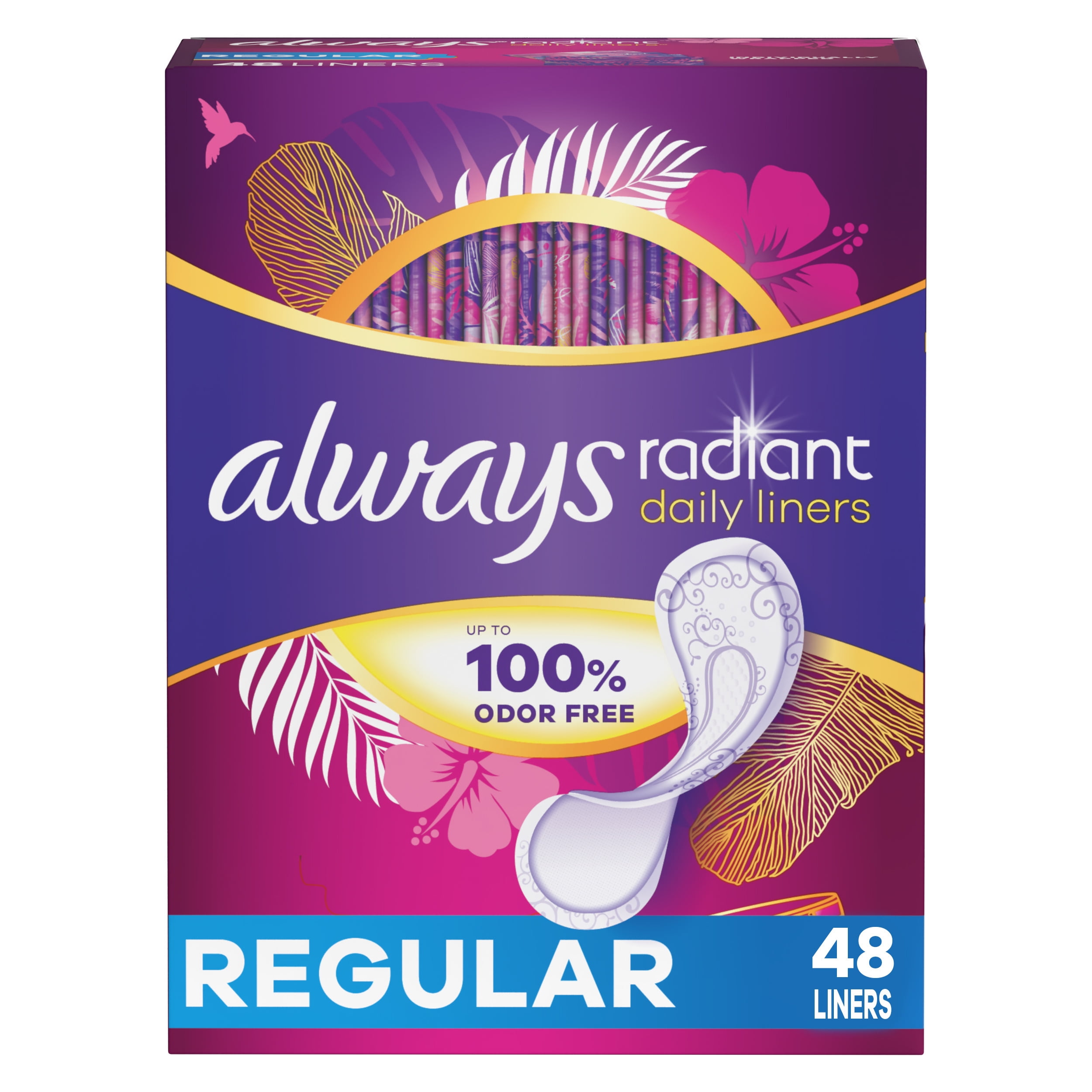 Always Radiant Daily Liners Regular, Up to 100% Odor-free, 48 Ct