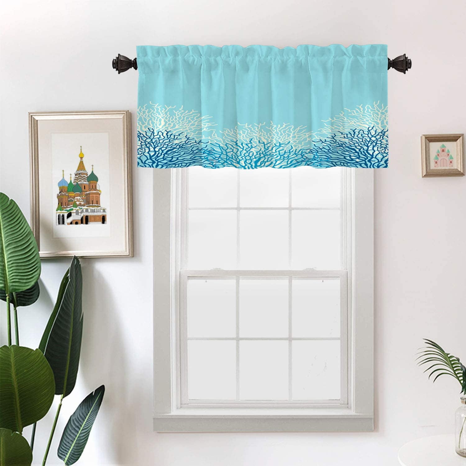 Indigo Blue Kitchen Valances Half Window Curtain, Navy Batik Tie Dye
