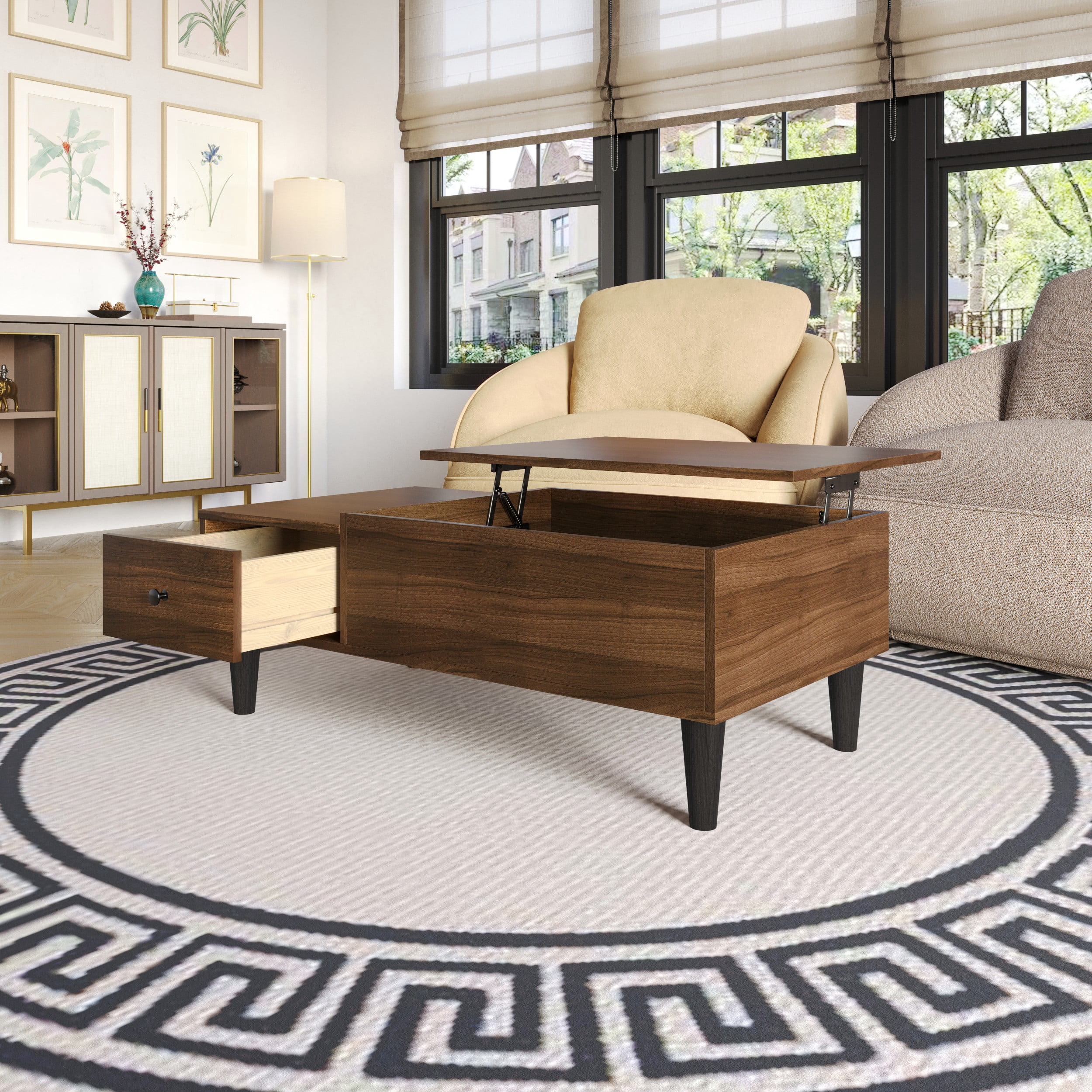 Home Design Caribou Lift-Top Coffee Table with Hidden Storage Compartment and Side Drawer, Sturdy Legs, Modern Design for Living Room, Brown Finish