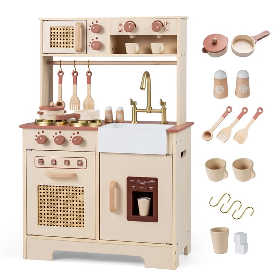 OLAKIDS Play Kitchen, Wooden Kids Cooking Toy with Realistic Lights Sounds, Ice Maker, Microwave, 14 Pretend Play Accessories for Boys Girls Ages 3