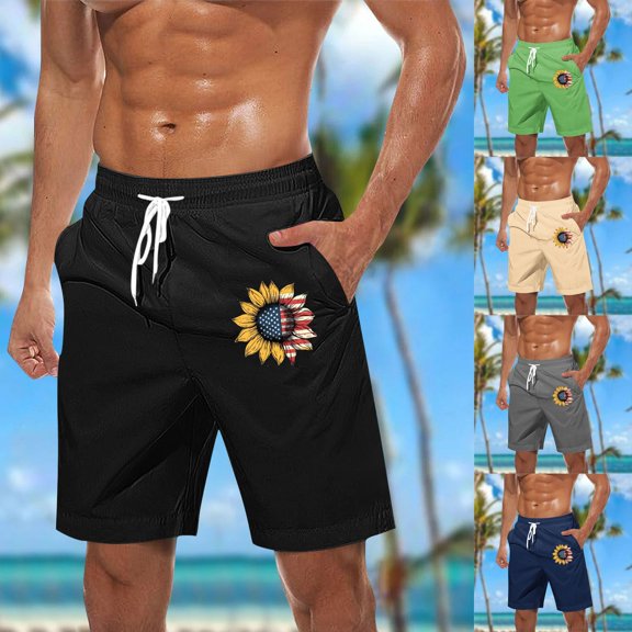 FRSASU Mens Casual Summer Beach American Flag Sunflower Graphics Shorts 9 Inch Lightweight Drawstring Elastic Waist Shorts with Pockets Gray