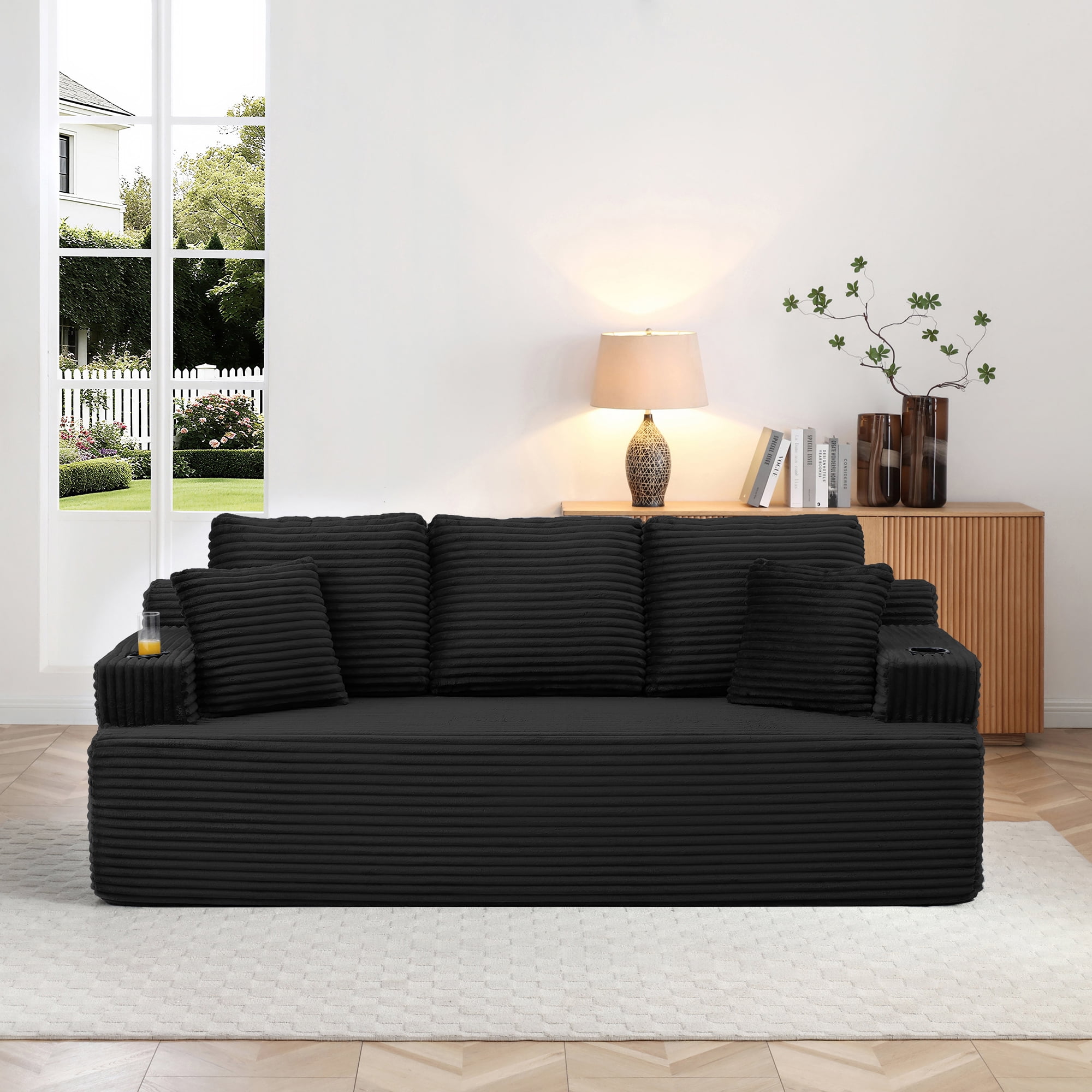Boneless Sofa, 3-Seater Floor Couch with Cup Holders and Side Pockets, Corduroy Fabric No Assembly Sofa for Living Room or Dorm, 86.2 Inch, Black