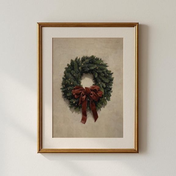 Vintage Style Christmas Wreath with Red Bow Print: Festive Winter Holiday Decor, Rustic Seasonal Wall Art, 12x18 UNFRAMED