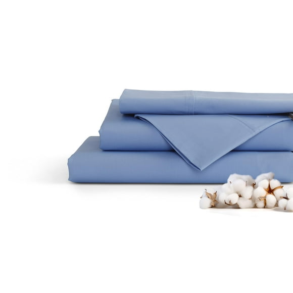 Draps en Percale 100 % Coton Taille Très Grand, Bleu Bébé, Poches Profondes, Ensemble de Draps 4 Pcs - 1 Drap Plat, 1 Drap-Housse à Poches Profondes et 2 Taies d'Oreiller, Linge de Lit Frais et Solide