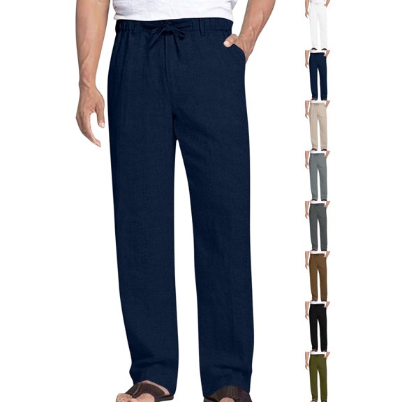 Men's Drawstring Pants Casual Solid Color Cotton Linen Drawstring Wide Leg Casual Pants for Daily Casual Wear