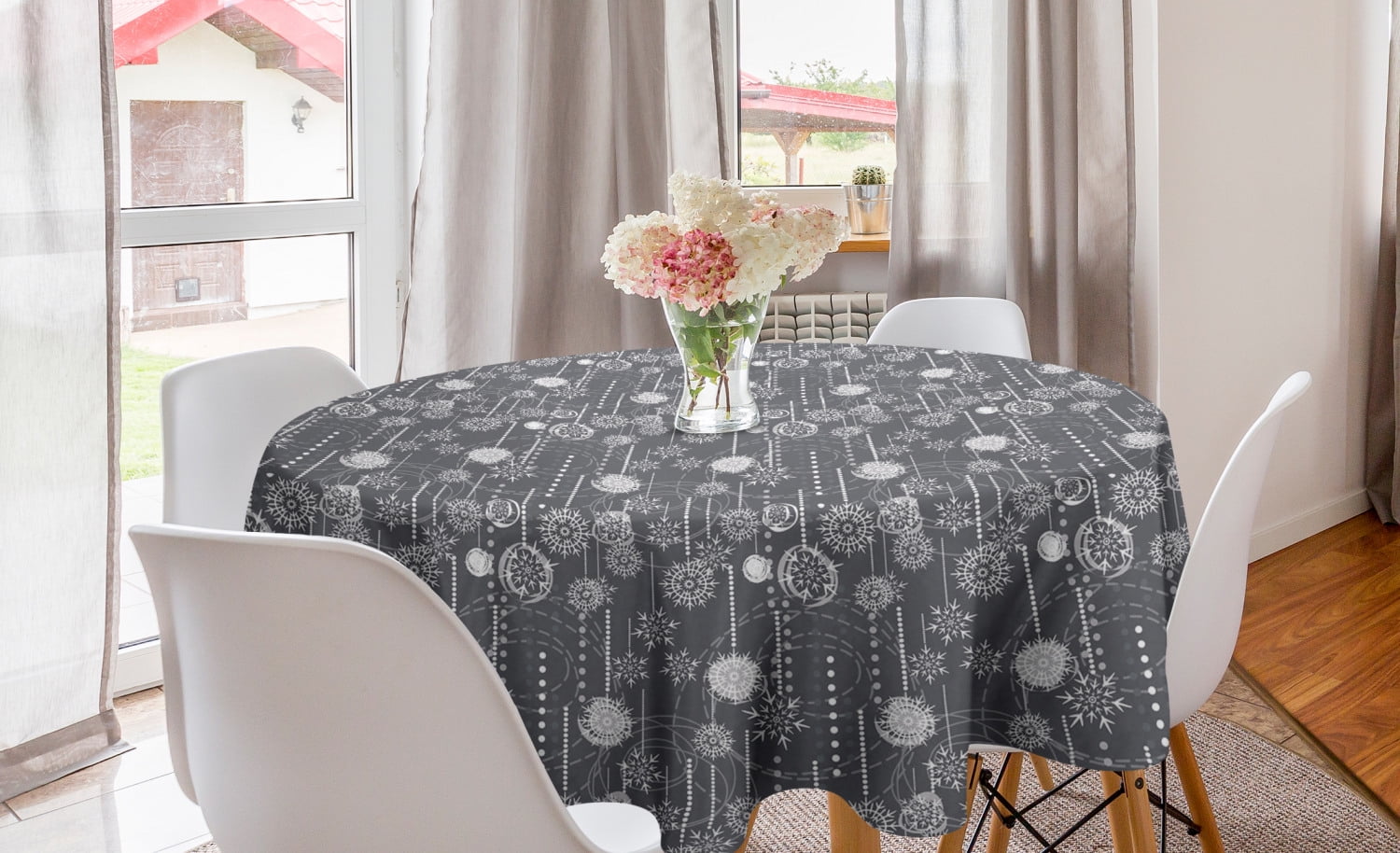 Winter Round Tablecloth, Monochrome Composition with Blizzard Romantic