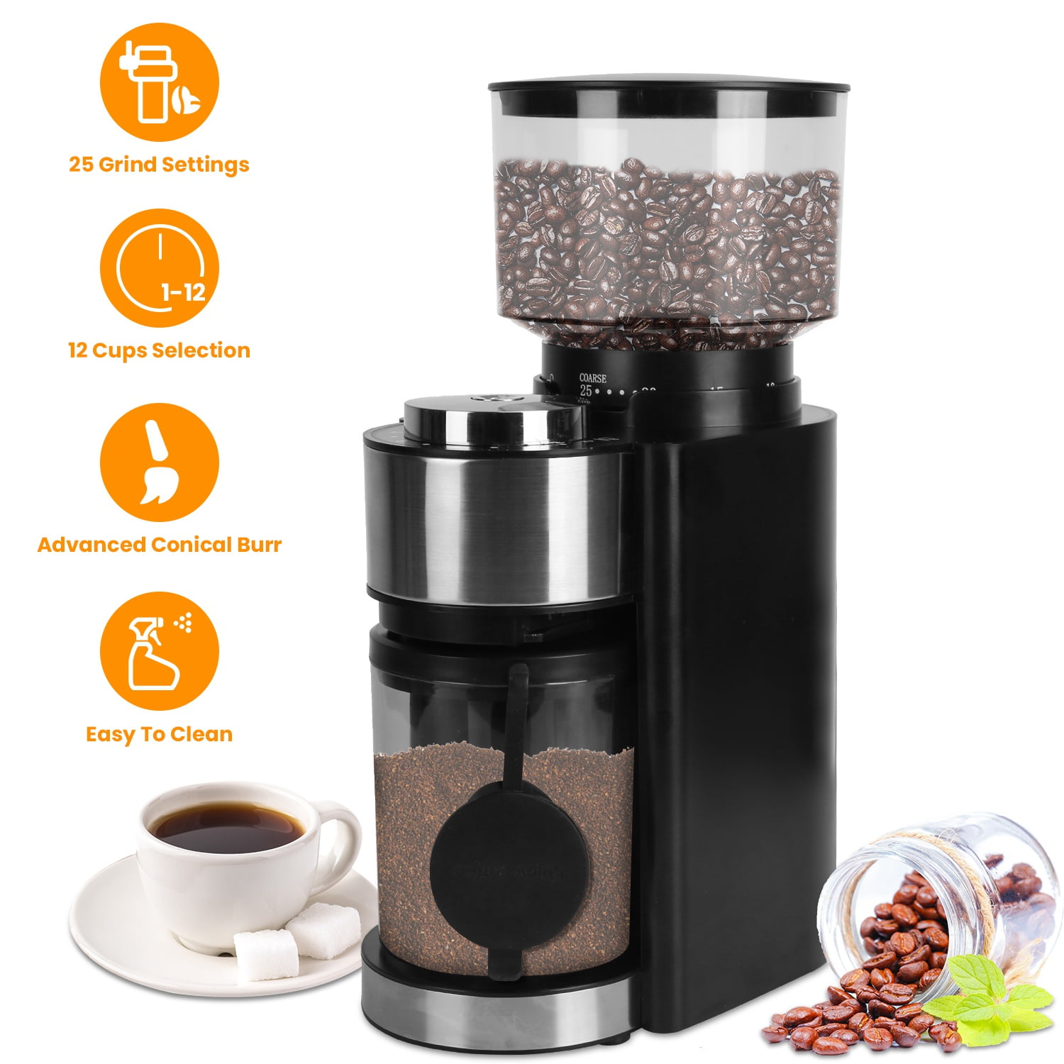 Conical Burr Coffee Grinder, Electric Espresso Coffee Bean Grinder for Home, 25 Precise Grind Settings, for Drip Percolator French Press Espresso Cold Brew Pour Over, Black
