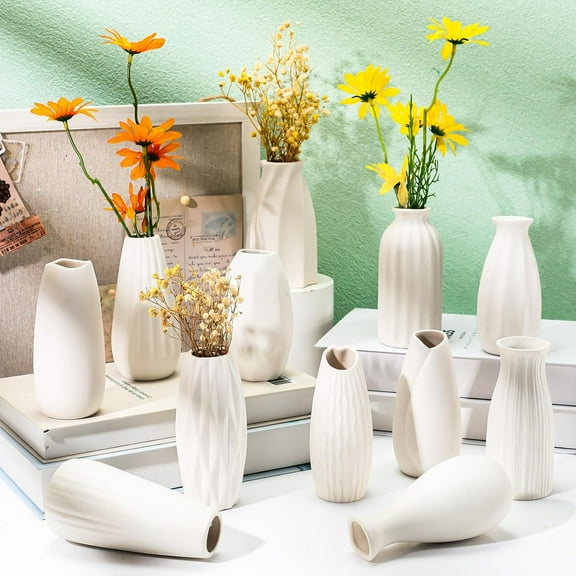Set of 24 White Ceramic Bud Vases, 5 Inch Boho Rustic Small Flower Vase for Wedding Centerpieces Home Dining Table Decoration  Gift, 12 Styles