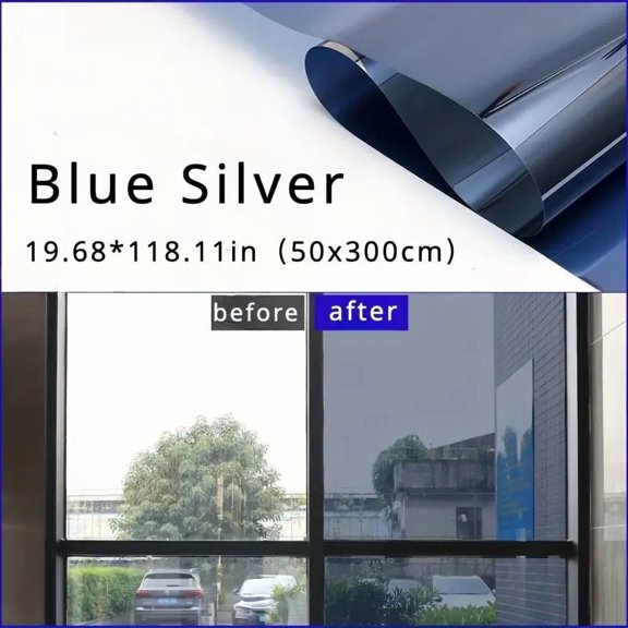 19.7 x 118 Privacy Reflective One Way UV Sun Heat Blocking Static Cling Window Film Blue Silver