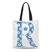 KDAGR Canvas Tote Bag Retro Flower Pattern Letter R Blue Botanical Simple Cute Reusable Handbag Shoulder Grocery Shopping Bags