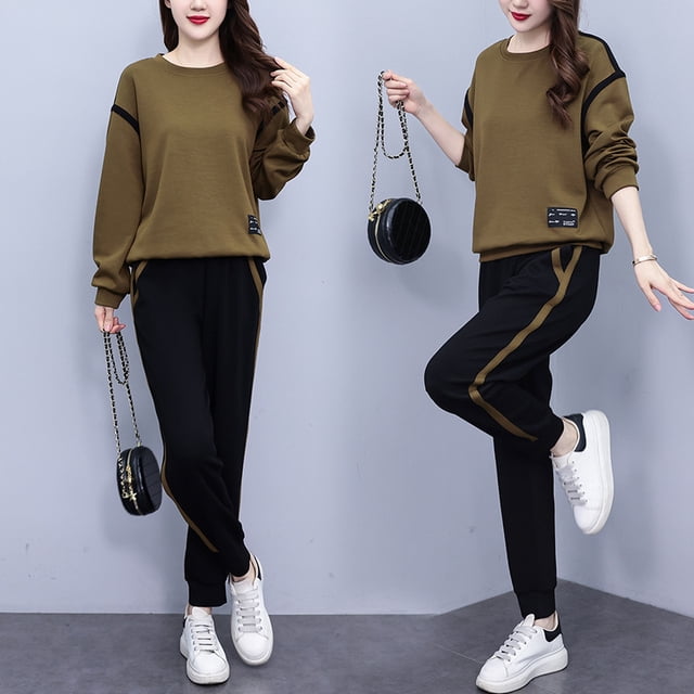 Vêtements de Printemps et d'Automne pour Femmes Fille style Occidental Réducteur d'Âge simple Ample Amincissant Col Rond Chandail à Manches Longues Pantalon de Sport Ensemble