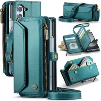 ELEHOLD for Samsung Galaxy Z Fold 6 Wallet Case,Support Wireless Charging PU Leather RFID Blocking Card Holder Kickstand Flip Shockproof Case with Crossbody/Wristlet Strap ,Green