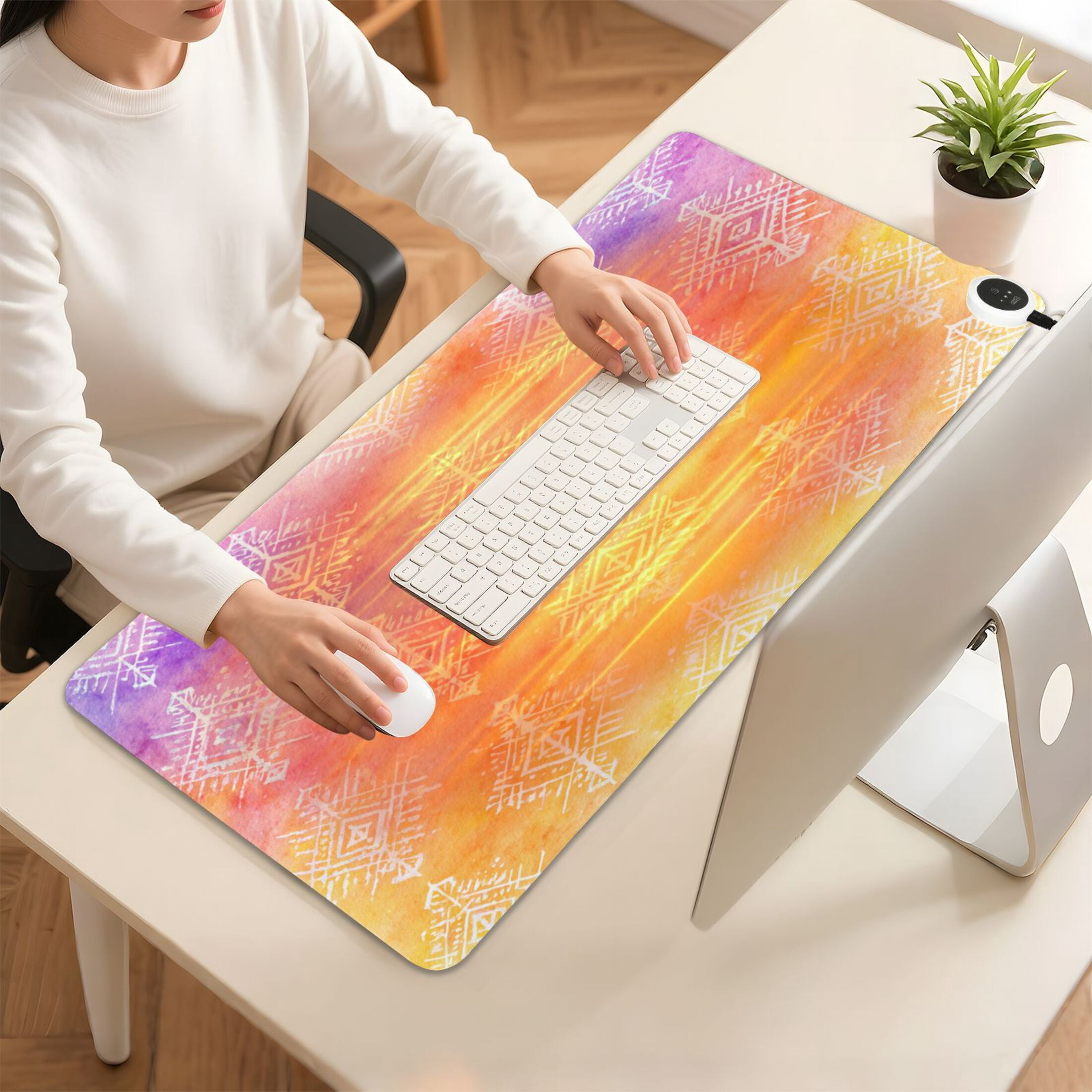 Large Heated Desk Mat Mouse Pad 31.5"x13"PU Leather Graphene Heating Desk Warmer with 3 Temperature Settings 110V US Plug Non-Slip Warm Pad for Home, Office, and Gaming Ombre Ethnic Geometric Print