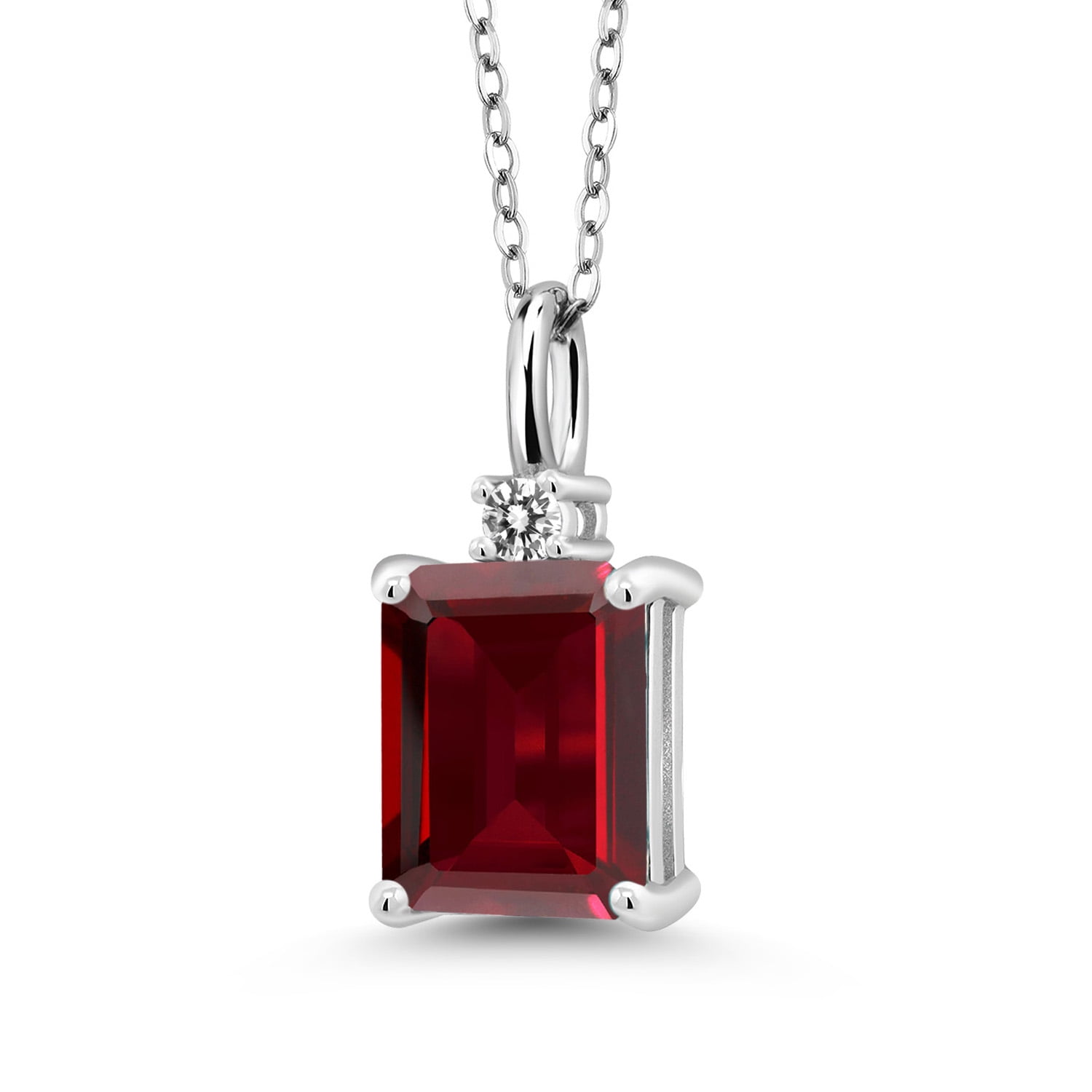 Gem Stone King 925 Sterling Silver Red Garnet and White Diamond Pendant Necklace for Women | 2.65 Cttw | Gemstone January Birthstone | Emerald Cut 9X7MM | With 18 inch Silver Chain