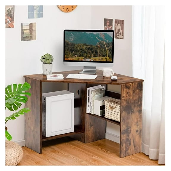 WDZS Corner Desk, 90 Degrees Triangle Computer Desk for Small Space, Bedroom Makeup Vanity Desk with Storage Shelves & CPU Stand, Space Saving