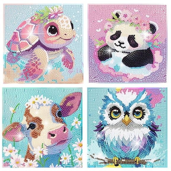 4 Packs 5D Cartoon Diamond Art Kits, Cute Animals DIY Diamond Arts Mosaic Kits for Adults Beginner, Full Round Drill Gem Art for Home Wall Decor Kids Present 6X6 inch