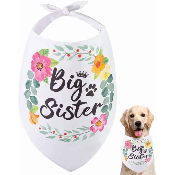 1 Pc Pet Dog Bandana White Cotton Triangle Pet's Bandana Big Sister Words Flower Washable Puppy Cat Scarf Bibs Accessories for Dogs and Cats Gifts 55x55x78cm 1pc