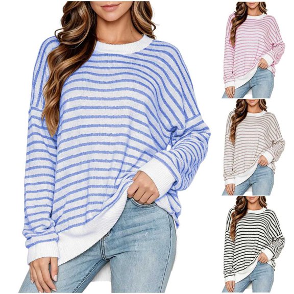 Bxsruta Womens Crew Neck Sweaters Long Sleeve Striped Knit Pullover Tops Loose Drop Shoulder Casual Shirts