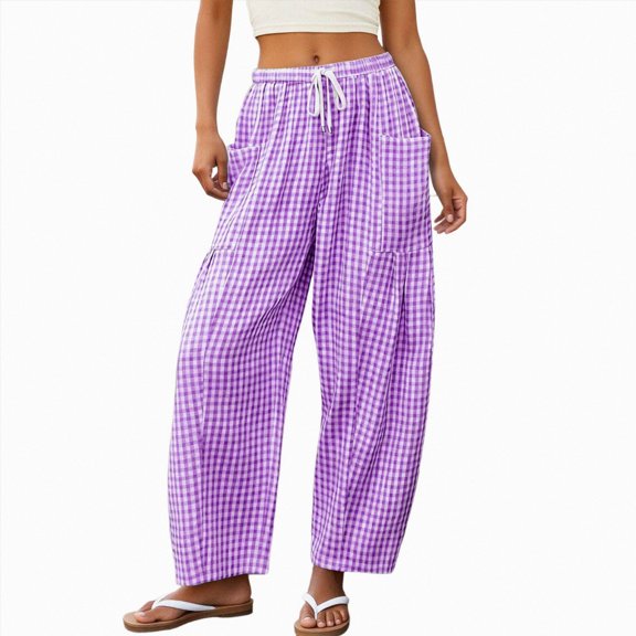 vigerkar Casual Wide Leg Plaid Barrel Pants for Women Drawstring Low Waist Palazzo Harem Trousers with Pockets (Purple, XL)