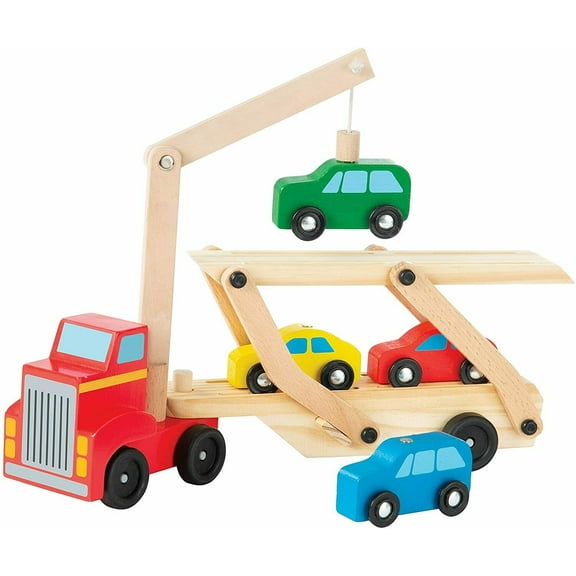 Car Carrier Truck and Cars Wooden Toy Set With 1 Truck and 4 Cars - Wooden Cars, Vehicle Toys, Push And Go Wooden Trucks For Toddlers And Kids Ages 3  -Toddler Kids Gift
