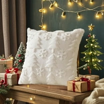 Christmas Tree Pillow Covers - 18x18 Inch Embroidered Snowflake Throw Pillow Cases | Soft Faux Fur Couch Decor | Farmhouse Holiday Accent