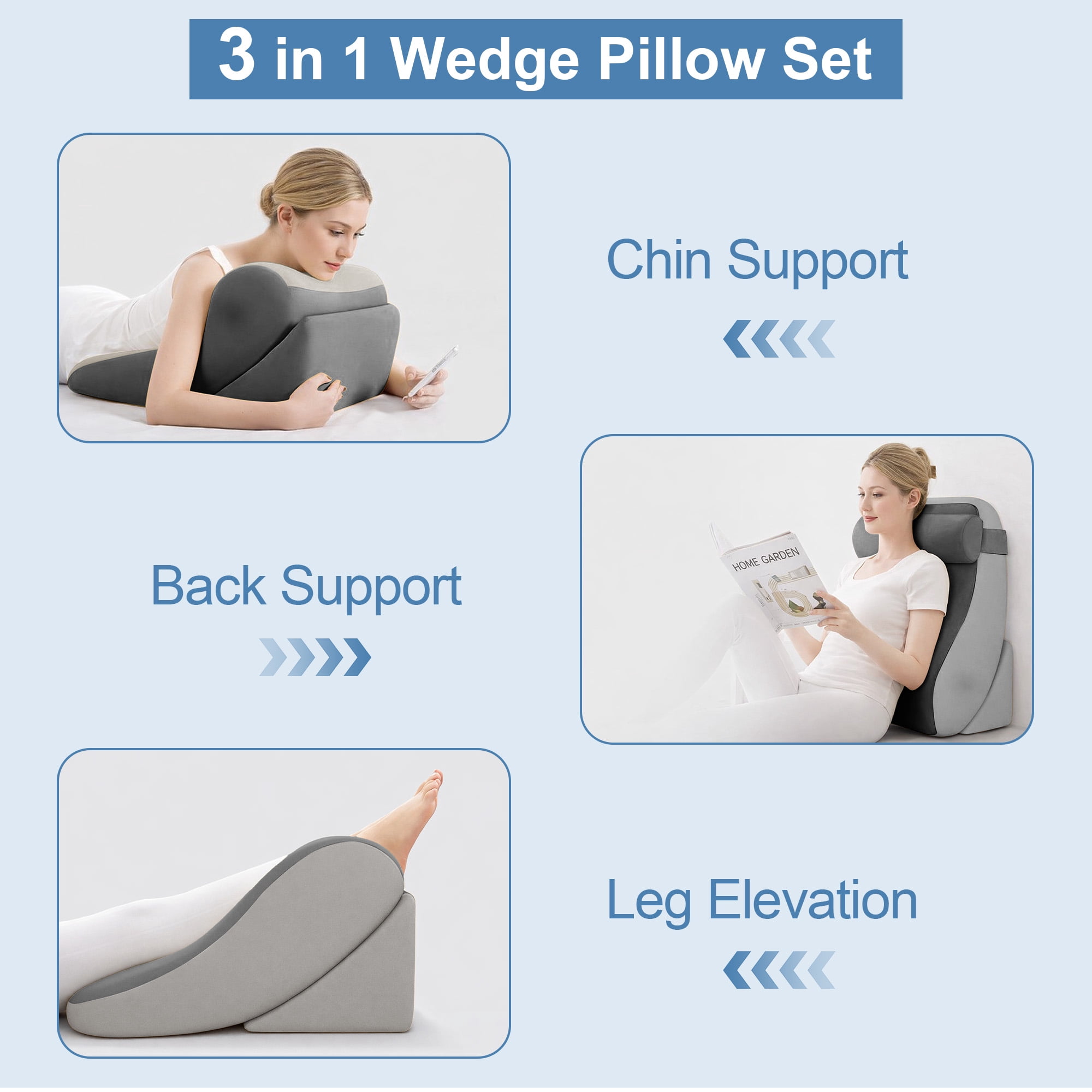 KAIPARA 3PCS Adjustable Wedge Pillow Headboard Set for Sleeping, Ergonomic Reading Pillow for Sitting in Bed, Bed Wedge with Premium Memory Foam for Back Pain Relief & Support, Leg Elevation