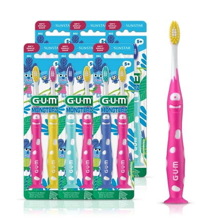 GUM Monsterz Jr Kids’ Toothbrush, Soft Bristled w/ Su Countion Cup, For Ages 5+, 2 Count(Pack of 6)