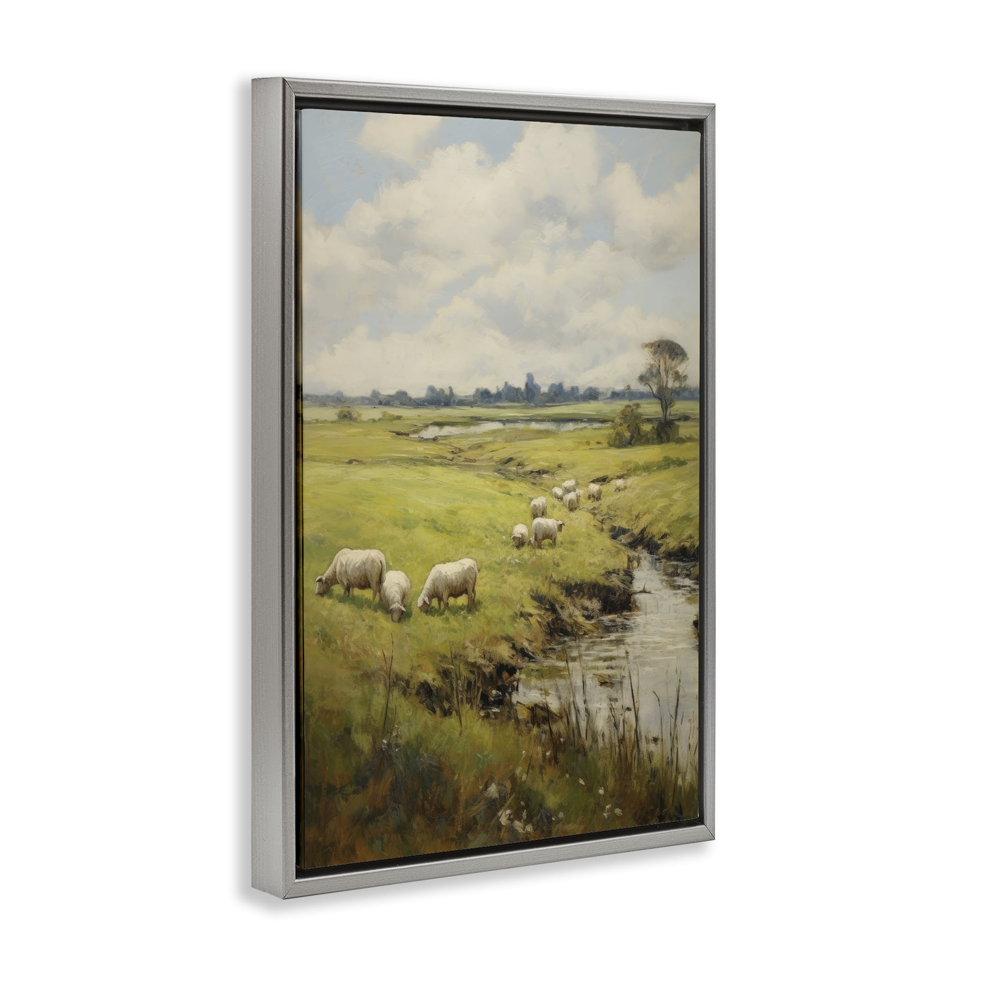 Stupell Industries Grazing Sheep Countryside Landscape Painting Gray Floater Framed Canvas Art Print Wall Art, 17 x 25