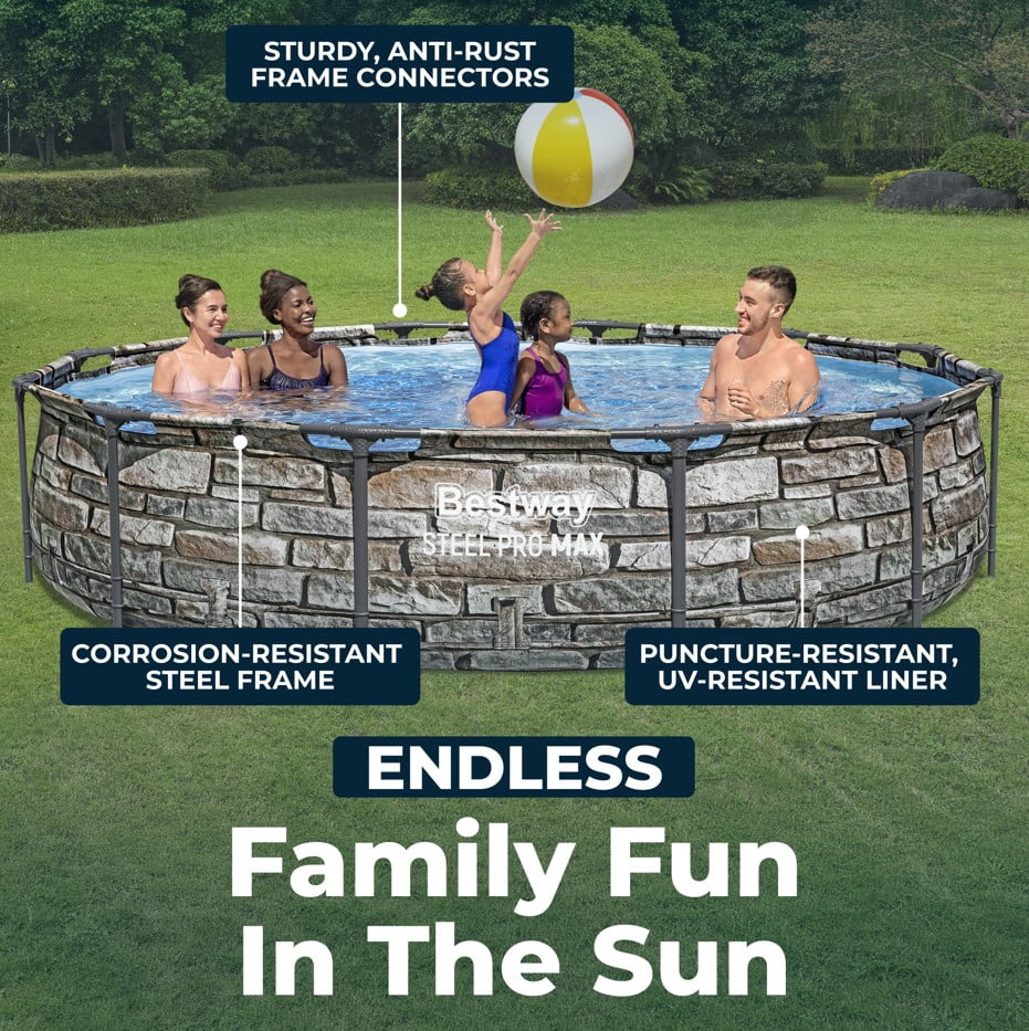 Bestway Steel Pro MAX 12'x30" Metal Frame Above Ground Pool, Filter Pump & Cartridge, Stone