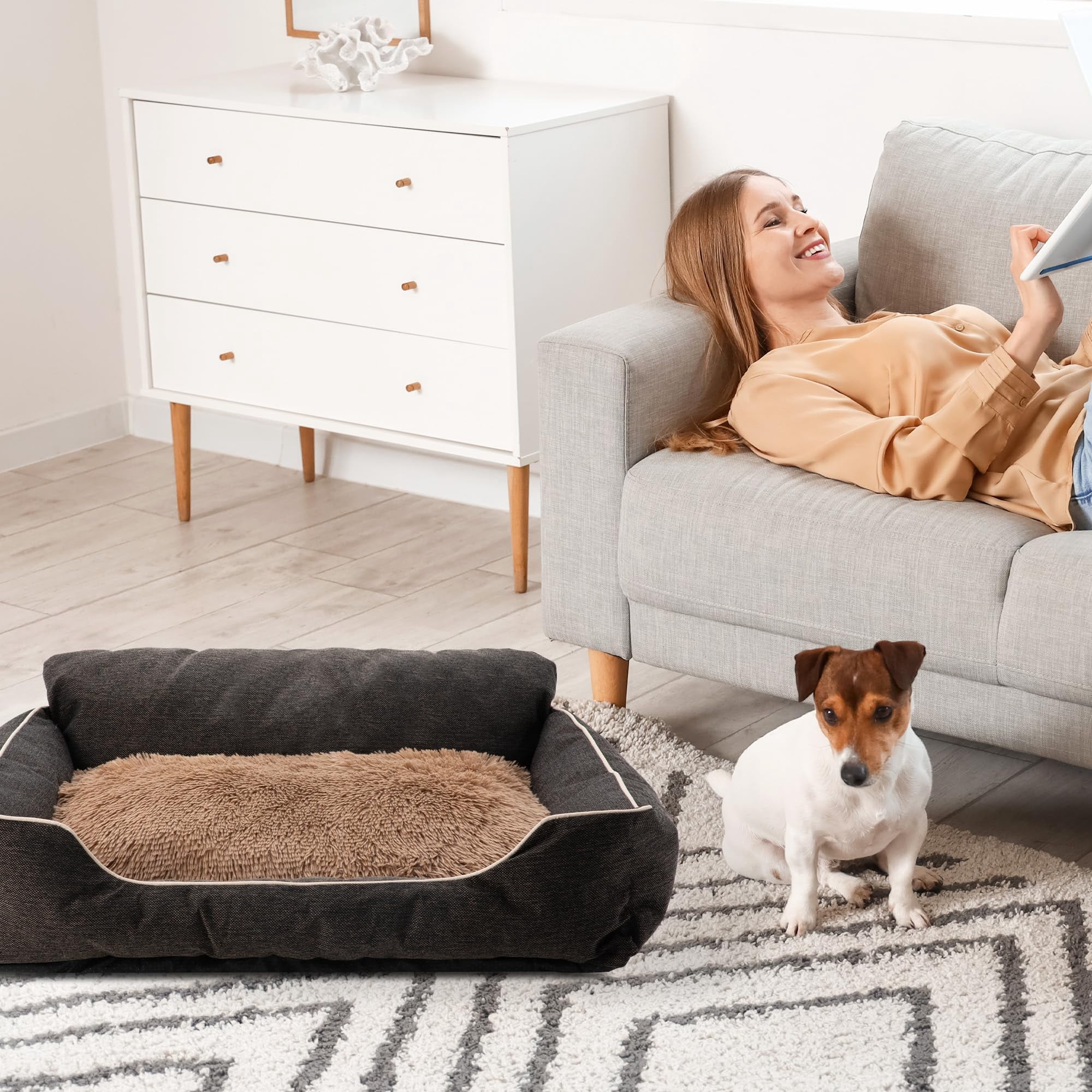 CozyHome Medium Dog Bed with Anti-Slip Bottom, Cat Bed with Removable Washable Cover, Plush Pet Bed for Dogs and Cats, Cute Dog Pillow Bed, Calming Cat Couch Bed for Indoor, Outdoor, Brown