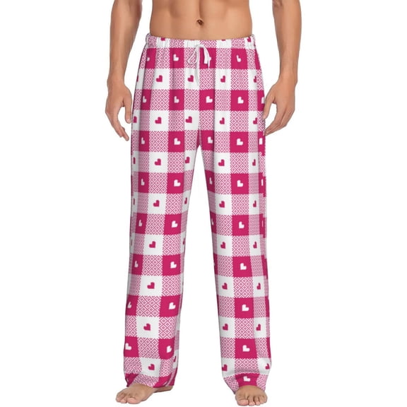Vsdgher Plaid Heart Print Mens Pajama Pants Sleep & Lounge Pants, PJ Bottoms With elastic waistb and Pockets